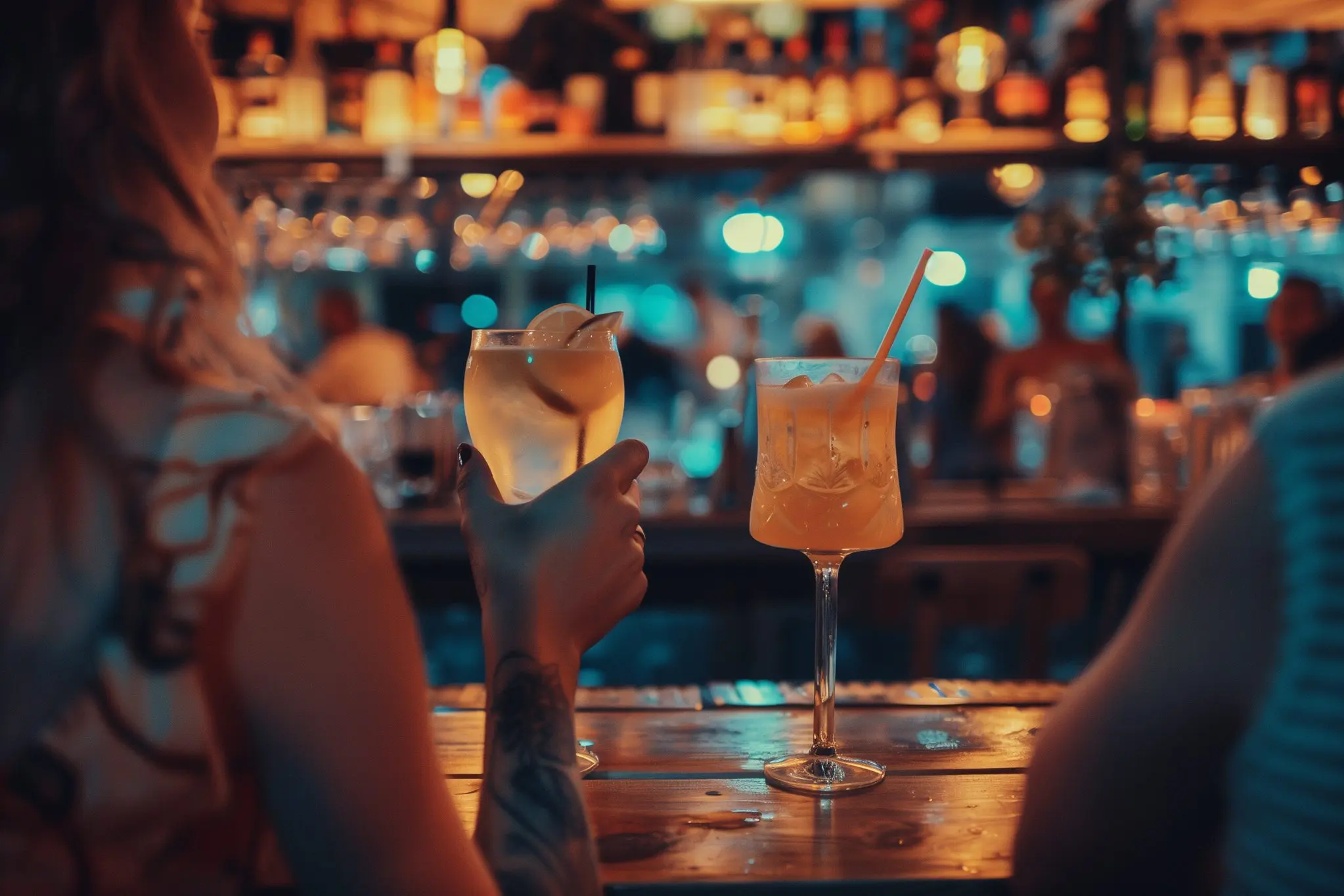 Two people holding drinks at a bar in the evening