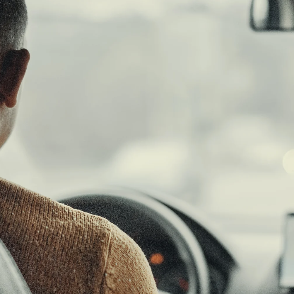 A driver seen from behind at the wheel of a car